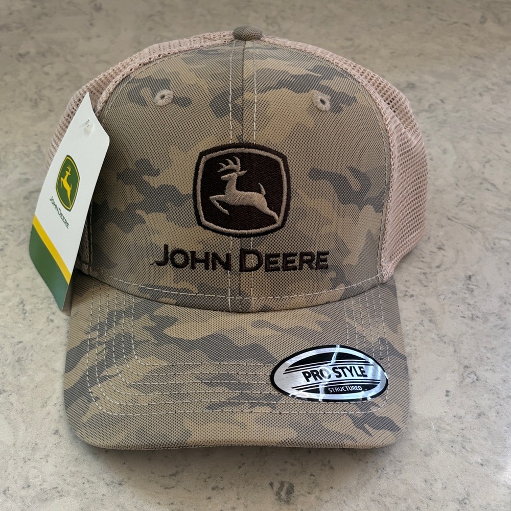 NEW John Deere Khaki Tan Camo Twill Mesh Back Cap Hat Pro Style LP76083